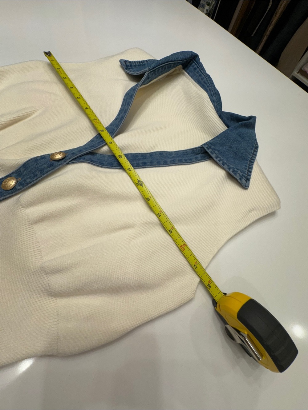 Commense Cream Knit Vest with Blue Denim Trim - Picture 11 of 14